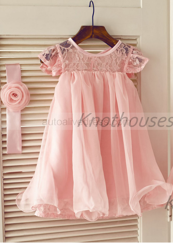 Pink Lace Chiffon Knee Length Flower Girl Dress
